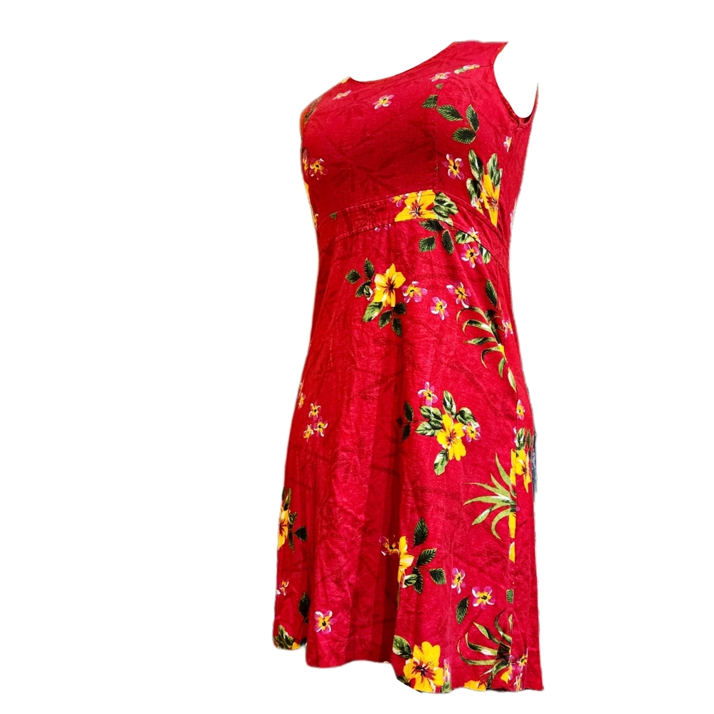 Vintage Y2K Red Floral Linen Blend Empire Waist Dress Sleevless Size S